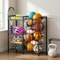 Wire Frame Sports Ball Rack Black Metal Tiered Ball Rack Elastic Straps Foldable for Indoor Use