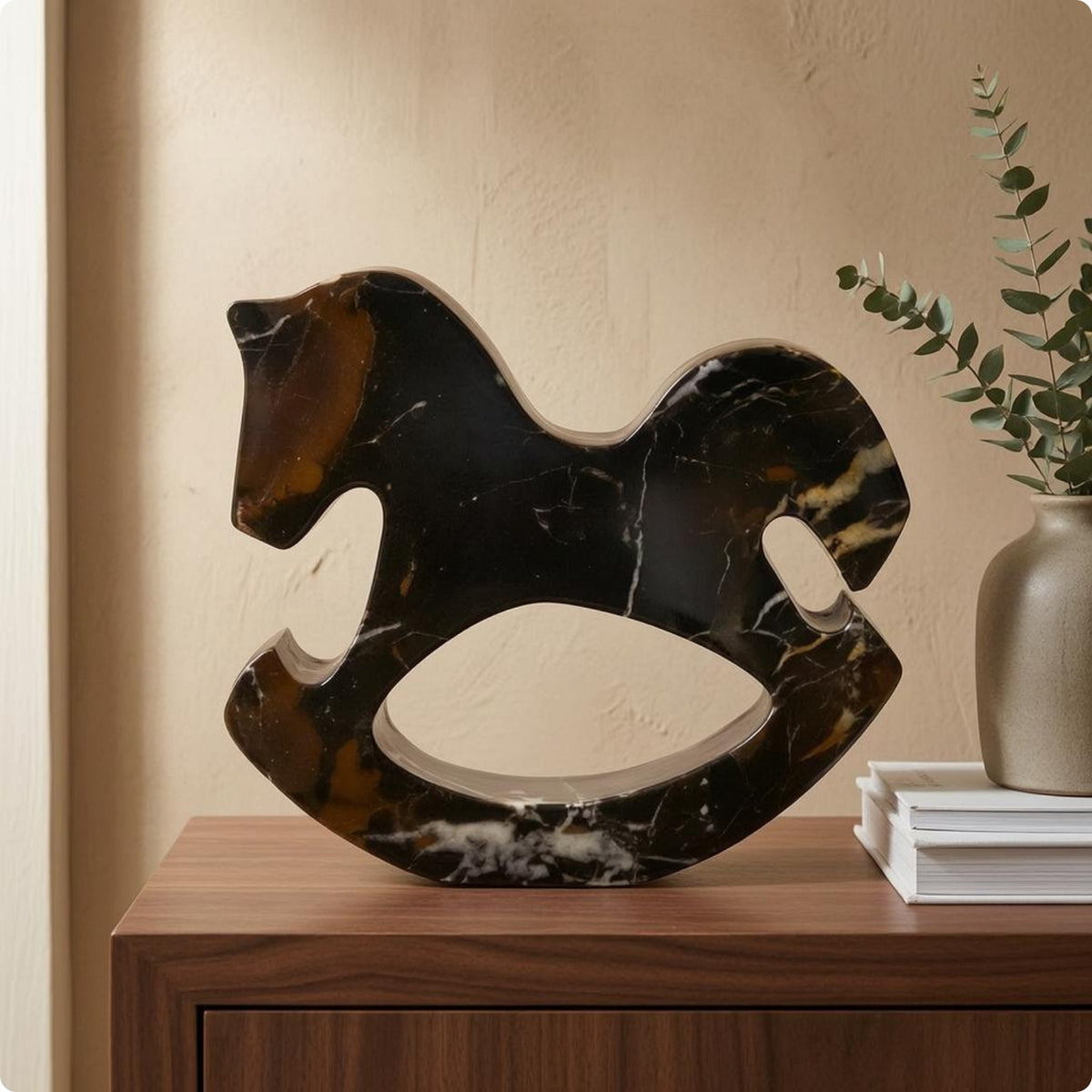 Marble Rocking Horse Black Marble Rocking Horse Sculpture Freestanding Home Decor Piece for TV Cabinet, Entryway