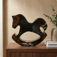 Marble Rocking Horse Black Marble Rocking Horse Sculpture Freestanding Home Decor Piece for TV Cabinet, Entryway