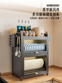 厨房多功能置物架子多层台置式碗盘沥水架碗架家用碗柜碗筷收纳盒 〓〓【白色】两层*防尘防鼠带沥水盘+刀架筷筒