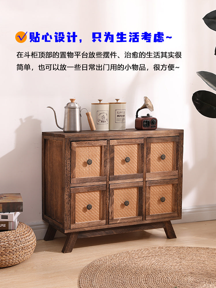 美式斗柜复古收纳柜藤编实木储物柜客厅边柜新中式组合抽屉装饰柜 八抽柜 整装（桌腿需手动组装）