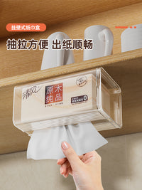 厨房纸巾架免打孔橱柜悬挂多功能湿巾收纳桌下抽纸盒壁挂抽拉承重 透明白+透明黑大号【多功能款】