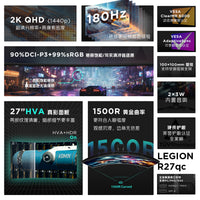 【政府补贴15%】联想拯救者R27qa/R24e电竞显示器升降俯仰电竞屏 A 【2K曲面电竞屏】R27qc-30(27英寸+180Hz+ HDMI DP1.4接口+可升降旋转) 官方标配