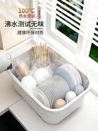 碗筷收纳盒放碗碟收纳架厨房餐具家用装盘收纳箱带沥水置物架碗柜 加大号-浅灰色【送筷子筒✅建议2-3人使用】