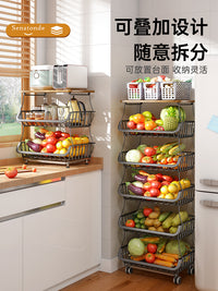 帅仕小推车蔬菜置物架厨房落地多层家用零食水果收纳菜篮子置物架 晶黑色ˇ五层ˇ加厚木板操作台【送接水盘+轮子*4】