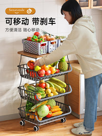 帅仕小推车蔬菜置物架厨房落地多层家用零食水果收纳菜篮子置物架 晶黑色ˇ五层ˇ加厚木板操作台【送接水盘+轮子*4】