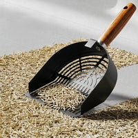 Wooden Handle 10th Gen Stainless Steel Silver Slotted Round Hole Cat Litter Scooper, 10th Gen Upgraded Carbon Steel Grey Slotted Round Hole Tool