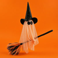 Spooky Flying Ghost with Witch Hat and Broom Floating Hanging Witch Ghost Festive Cute for Porch, Window, Haunted House, Garden