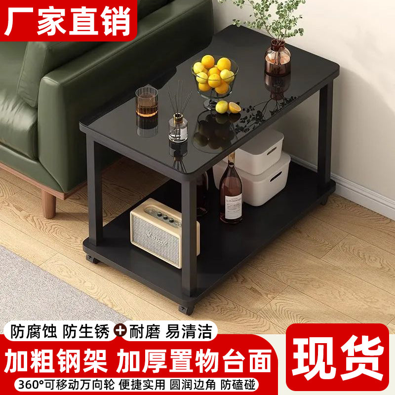 边几钢化玻璃沙发客厅现代移动带轮简约办公室家用小桌子茶几 【固定脚+钢化玻璃】黑色80*40cm