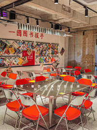 港式茶餐厅桌椅餐饮麻辣烫快餐店市井风大排档烧烤店不锈钢桌商用 不锈钢折叠椅【橙色】加厚款 官方标配