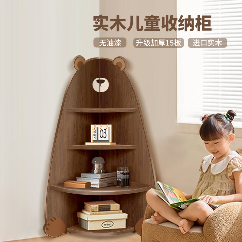 儿童房实木收纳柜小熊转角置物架落地分层三角书架可爱床边拐角柜