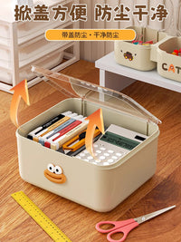 便携手提收纳箱透明化妆品防尘收纳盒学生宿舍零食桌面杂物储物盒 提手收纳盒【红色】【加送可爱贴纸】