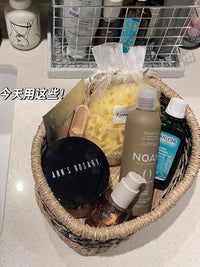 藤编收纳筐桌面化妆品收纳盒洗漱洗手台储物筐编织玄关杂物收纳篮 手工编织收纳篮【26*19*10cm】（绿红）