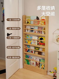 门后实木书架儿童绘本架多层超窄一体壁挂书架落地架收纳置物架 四层【100cm】原木色-甄选松木
