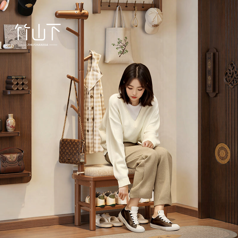 实木小鹿衣帽架玄关门口换鞋凳挂衣架一体客厅落地小型创意置物架 经典款：胡桃色丨55cm-【原创升级】【进口橡胶木】
