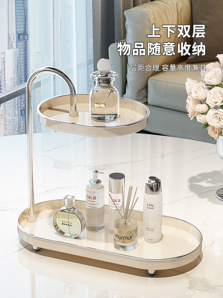 化妆品置物架梳妆台护肤品口红香水整理收纳盒桌面玄关架子高级感 椭圆双层-星空黑镀银