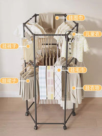 新款晾衣架落地家用卧室阳台多边形大容量晾衣杆简易多功能衣帽架 黑色-双层【六边形-带轮可旋转】
