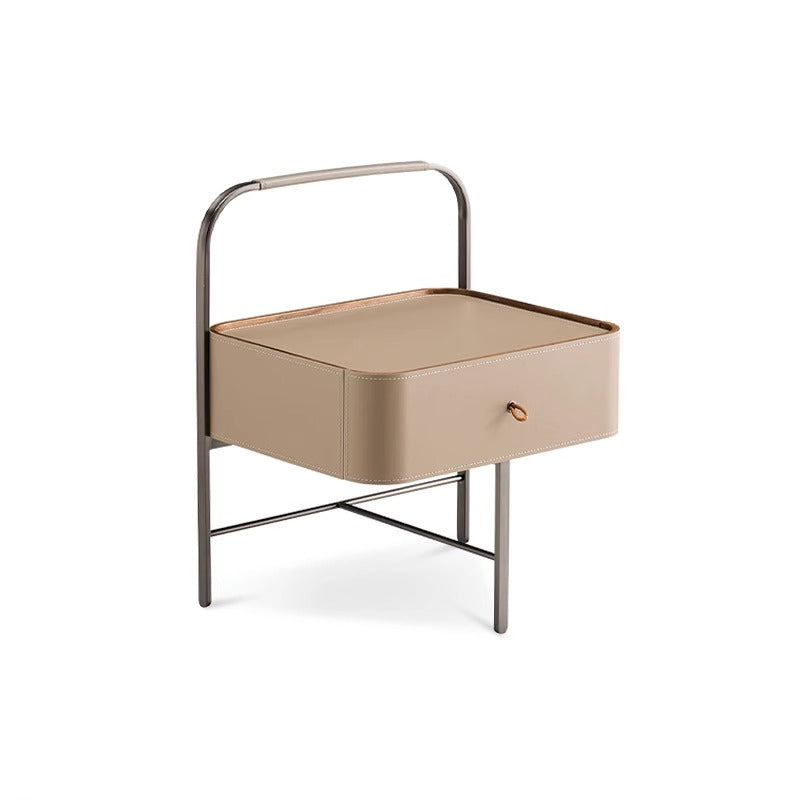 设计师马鞍皮床头柜意式极简不锈钢侘寂风卧室现代创意实木床边柜