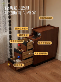 中古风实木超窄床头柜卧室20cm窄边柜创意设计三层复古长条床边柜 原木色【20cm】加厚橡胶木框架+实木抽屉 整装