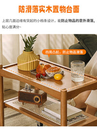 实木可移动沙发边几藤编边桌客厅小茶几置物架茶几桌床头带轮边柜 胡桃色【实木打造 360°移动滑轮】