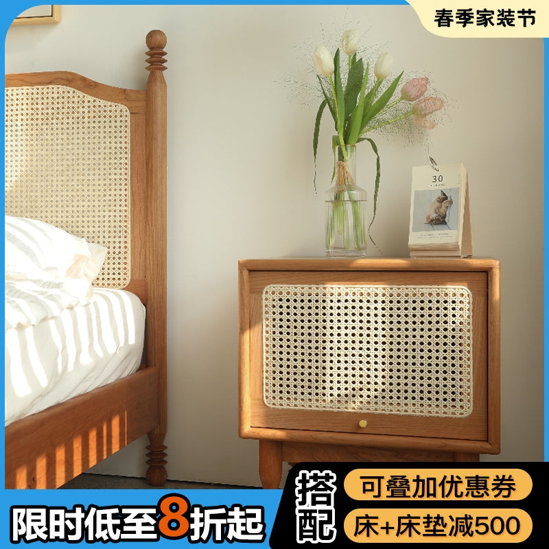 朴设家具藤编床头柜北欧樱桃木全实木储物柜卧室床边收纳现代简约