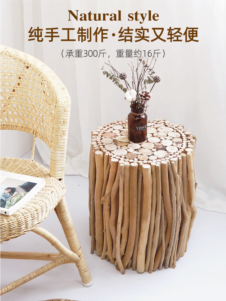 原木茶几实木边几ins风民宿沙发角几简约复古侘寂风创意床头柜桌 长树枝圆形（35*44）