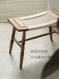 中古美式实木梳妆凳编绳玄关搁脚凳设计师创意简约家用门口换鞋凳 浅胡桃色+编绳