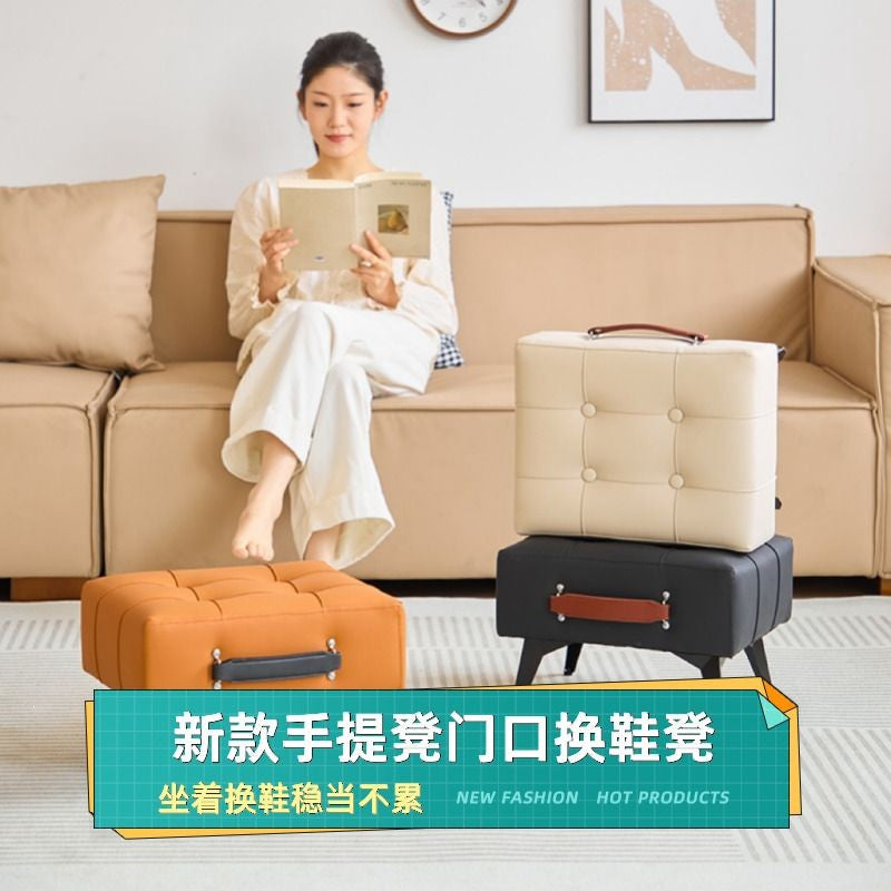 新高端意式猫抓皮提包换鞋凳家用客厅皮凳子轻奢玄关化妆凳小凳子 方款提包凳+豆绿色升级加厚【*猫抓皮材质】