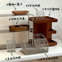 中古风铁艺抽屉式化妆品收纳盒桌面化妆刷梳子收纳筒复古置物架上 旋转胡桃木置物架