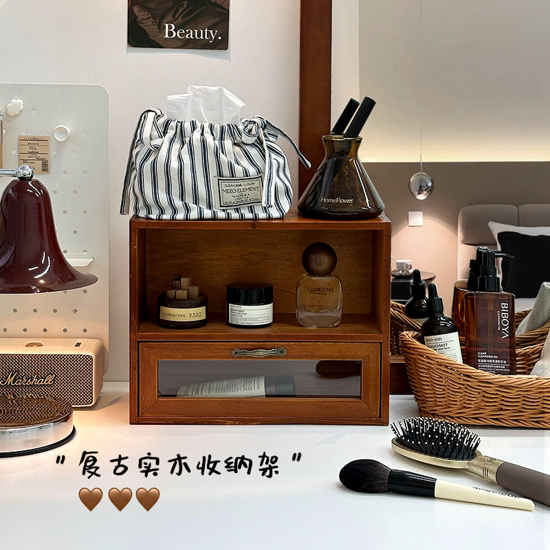 日式复古化妆品收纳盒抽屉式桌面香水置物架首饰托盘仿藤编收纳筐 仿藤篮小果篮 大号