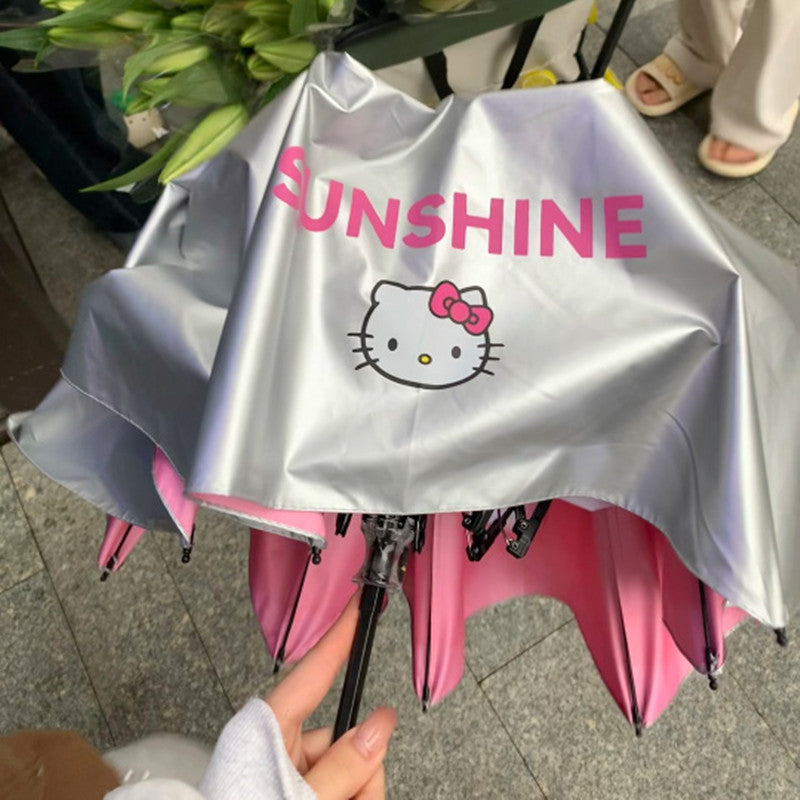 hellokitty雨伞钛银双层黑胶遮阳伞防晒防紫外线太阳伞晴雨两用女 美乐蒂肽银自动遮阳伞 半穿