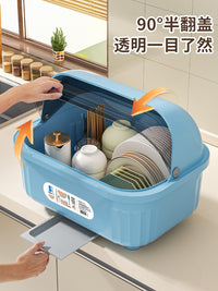 厨房碗柜家用碗筷收纳盒带盖沥水置物架装碗碟碗盘餐具箱碗架碗盆 翻盖大号-清新蓝（适用6-8人家庭）带筷筒