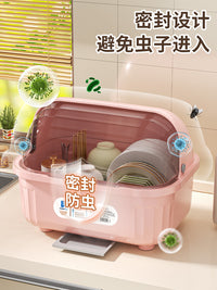 厨房碗柜家用碗筷收纳盒带盖沥水置物架装碗碟碗盘餐具箱碗架碗盆 翻盖大号-清新蓝（适用6-8人家庭）带筷筒