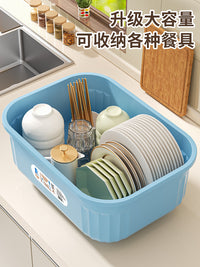 厨房碗柜家用碗筷收纳盒带盖沥水置物架装碗碟碗盘餐具箱碗架碗盆 翻盖大号-清新蓝（适用6-8人家庭）带筷筒