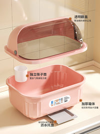 厨房碗柜家用碗筷收纳盒带盖沥水置物架装碗碟碗盘餐具箱碗架碗盆 翻盖大号-清新蓝（适用6-8人家庭）带筷筒