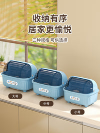 厨房碗柜家用碗筷收纳盒带盖沥水置物架装碗碟碗盘餐具箱碗架碗盆 翻盖大号-清新蓝（适用6-8人家庭）带筷筒