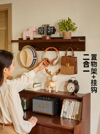 墙上置物架实木壁挂创意门厅挂衣钩带隔板衣帽架层板免打孔收纳架 60cm胡桃色.