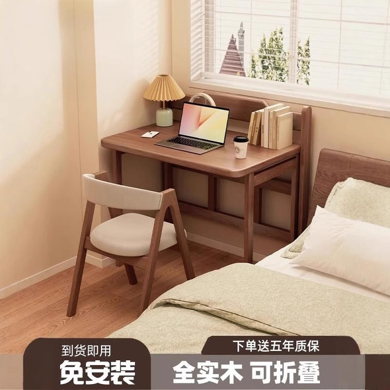 实木可折叠书桌家用小户型卧室电脑桌子简约学生学习写字台收纳 原木色可折叠阳台书桌100CM