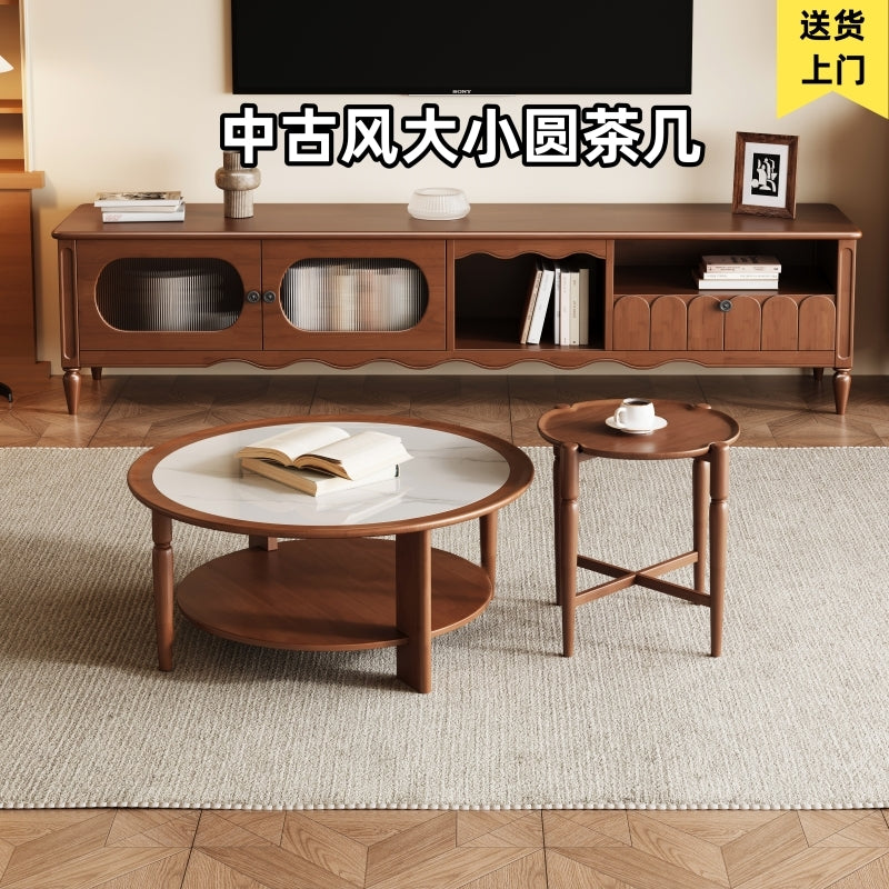 中古风实木圆茶几岩板小户型新款家用客厅樱桃色黑色大小圆茶几 樱桃色小圆几 组装