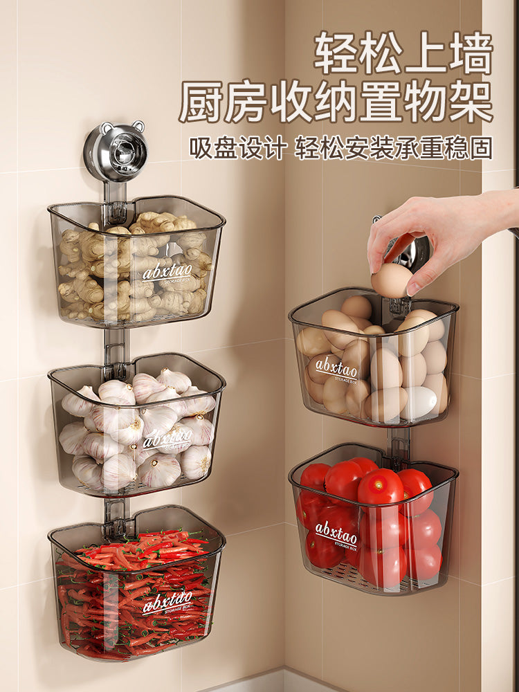 葱姜蒜收纳盒壁挂放生姜大蒜蔬菜篮吸盘置物架厨房免打孔收纳神器 【透明白】✅吸盘篮1个+补充篮1个