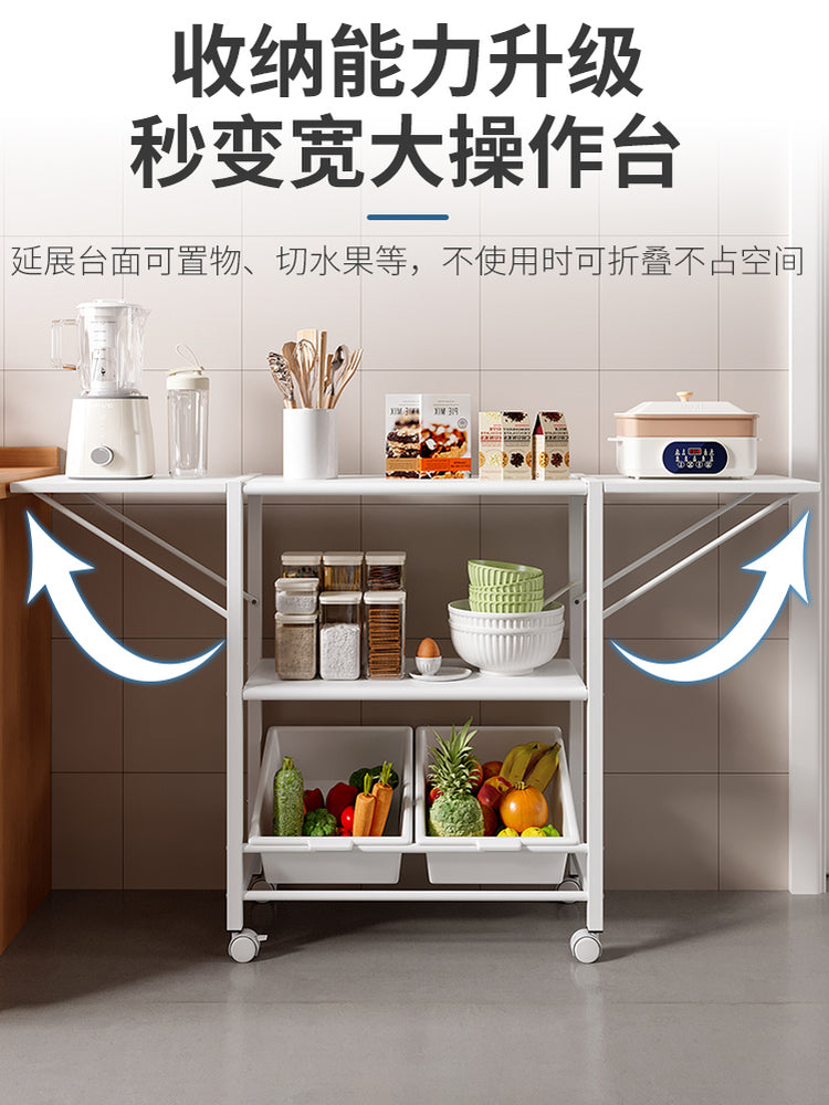 厨房置物架落地多层微波炉咖啡机锅具收纳架餐边柜移动推车喂养台 单边延伸+收纳盒-侧板可折叠