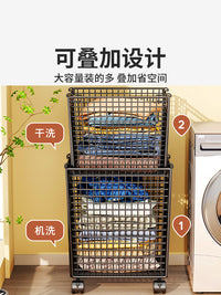 浴室脏衣篮家用铁艺分类脏衣篓落地衣服万向轮推车大容量洗衣篮 黑色大号【移动款】