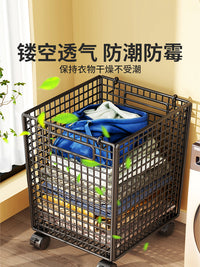 浴室脏衣篮家用铁艺分类脏衣篓落地衣服万向轮推车大容量洗衣篮 黑色大号【移动款】