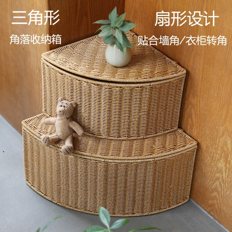 卧室拐角扇形收纳箱仿藤编角落整理盒大号衣橱转角客厅储物三角形