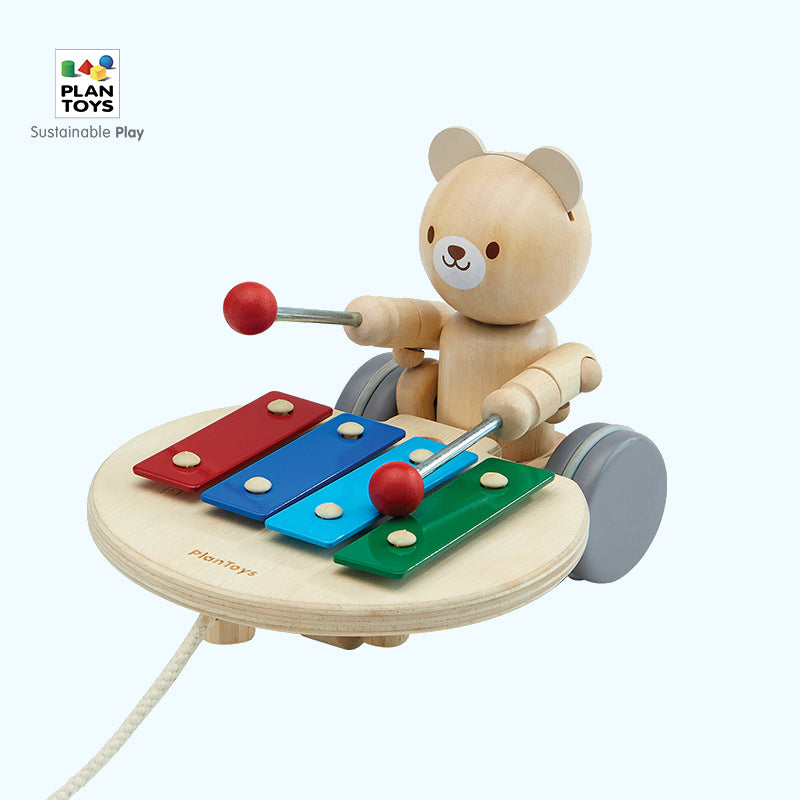 plantoys拖拉小熊小车儿童玩具音乐熊学步拉绳牵引爬行礼物5276