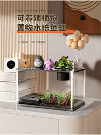 乌龟缸家用带晒台爬台生态亚克力塑料饲养箱造景小鱼缸生态龟缸 豪华款-黑色小号【水陆生态缸】底座+爬台+加厚材质破损包赔