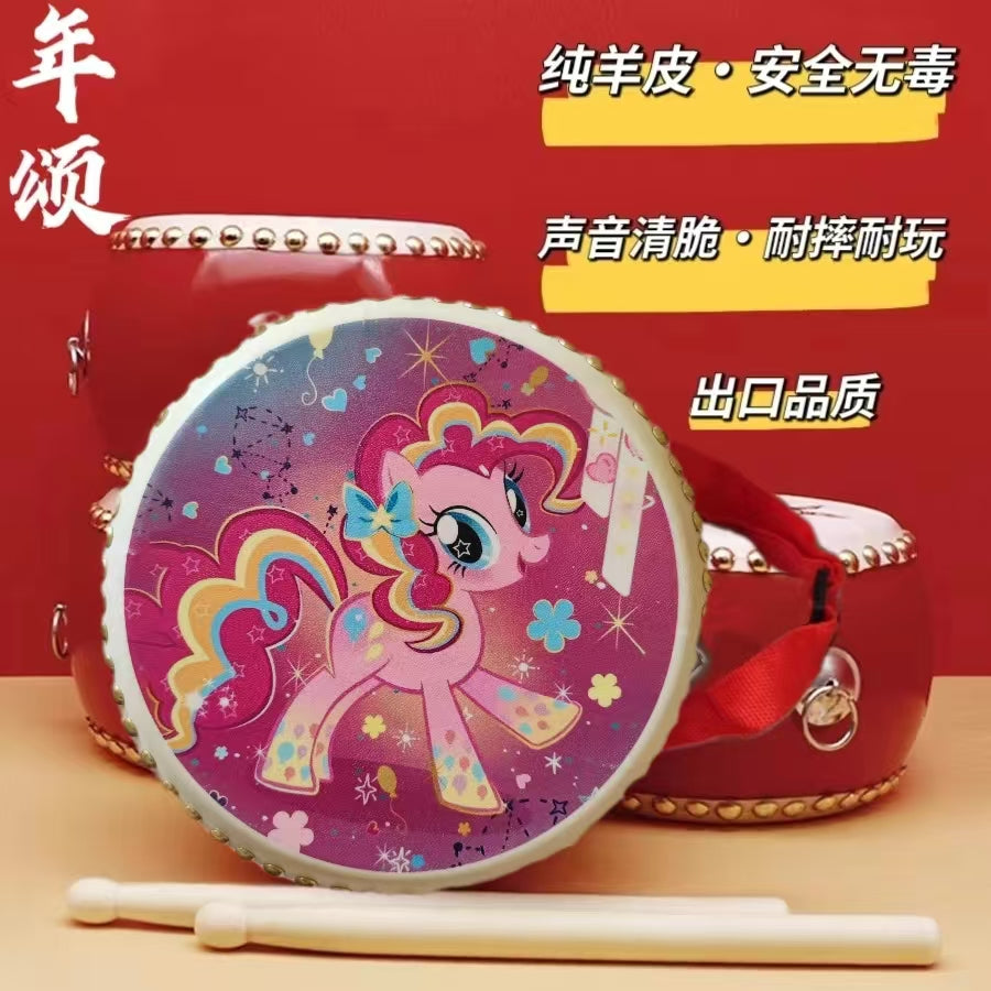 中国传统牛皮鼓儿童卡通羊皮堂鼓女男孩手敲打击幼儿园表演耐摔小 5寸小马 鼓面直径15cm 1-3岁