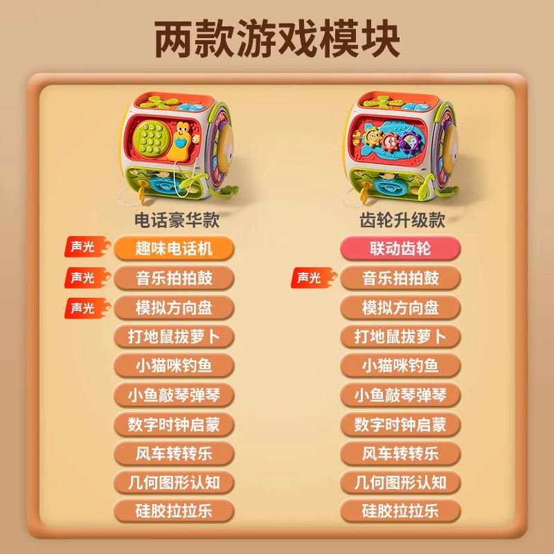 聚乐宝贝婴儿六面体手拍鼓玩具0—1岁益智早教幼儿童拍拍鼓12个月 九面体手拍鼓齿轮版【需要自配电池】