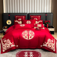 婚庆四件套婚嫁新婚床品刺绣被套红色龙凤婚房婚床喜庆中式套件 1.8床【四件套】被套200*230cm 龙凤传奇QXF-金【精品刺绣】