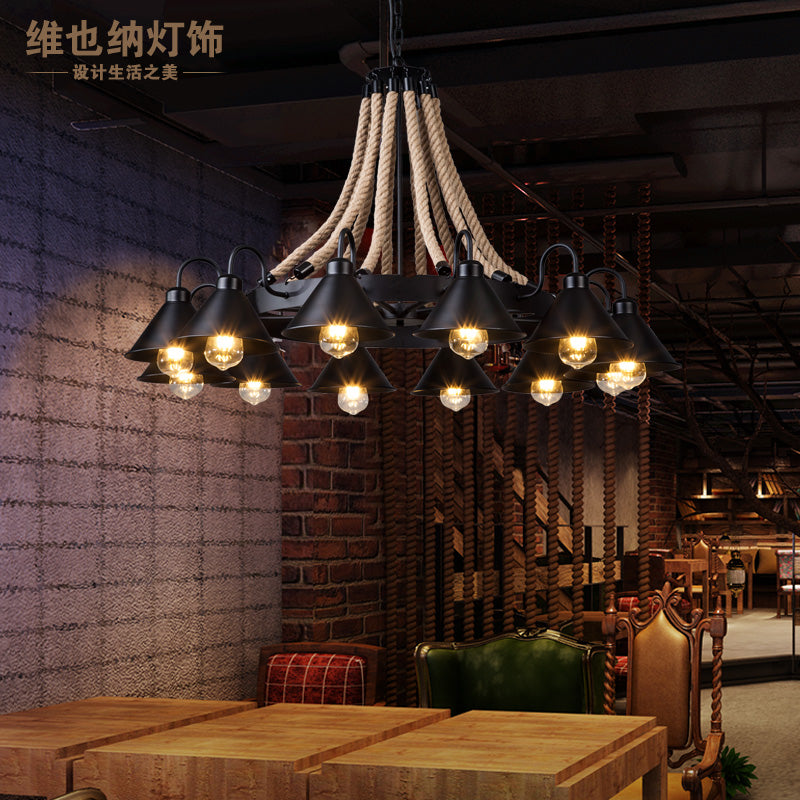 美式乡村麻绳吊灯复古工业风创意个性民宿餐厅饭店包厢火锅店灯具 8117-D6头配原装爱迪生LED灯泡